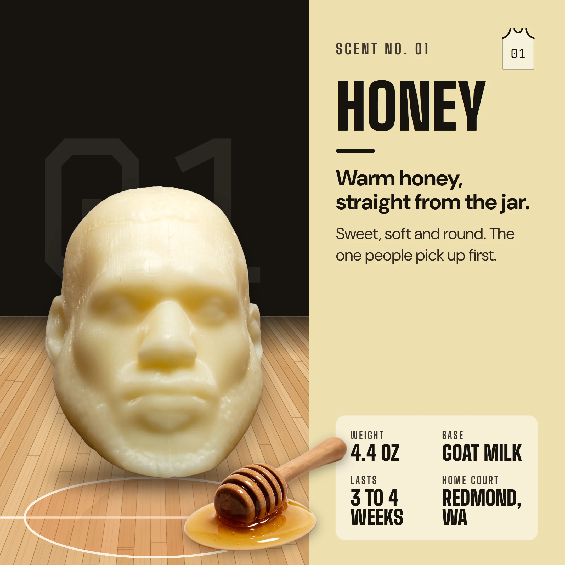 LeSoap Honey, scent number 01: warm honey, straight from the jar. Sweet, soft and round. 4.4 oz goat milk soap, lasts 3 to 4 weeks, made in Redmond, WA