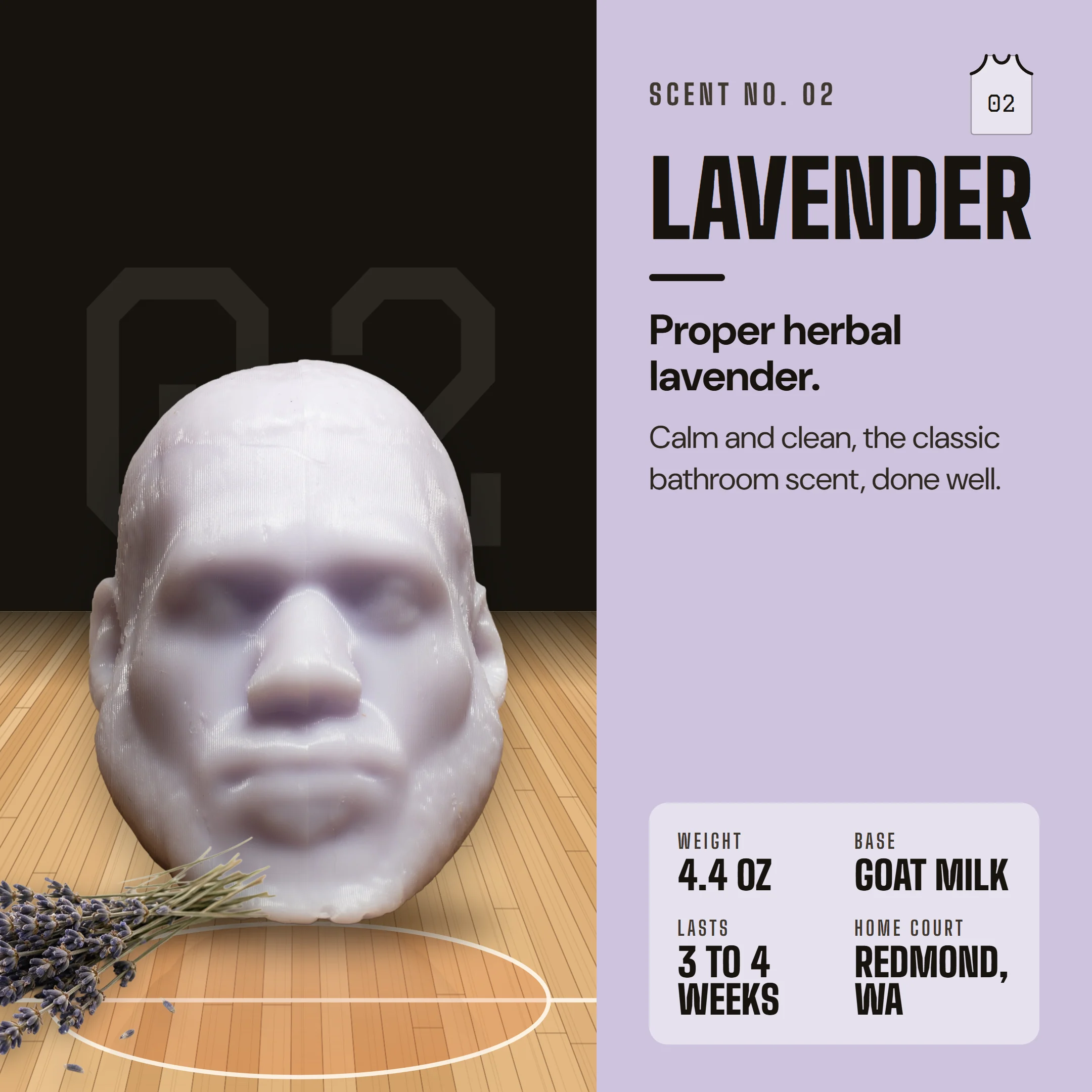 LeSoap Lavender, scent number 02: proper herbal lavender. Calm and clean, the classic bathroom scent, done well. 4.4 oz goat milk soap, lasts 3 to 4 weeks, made in Redmond, WA