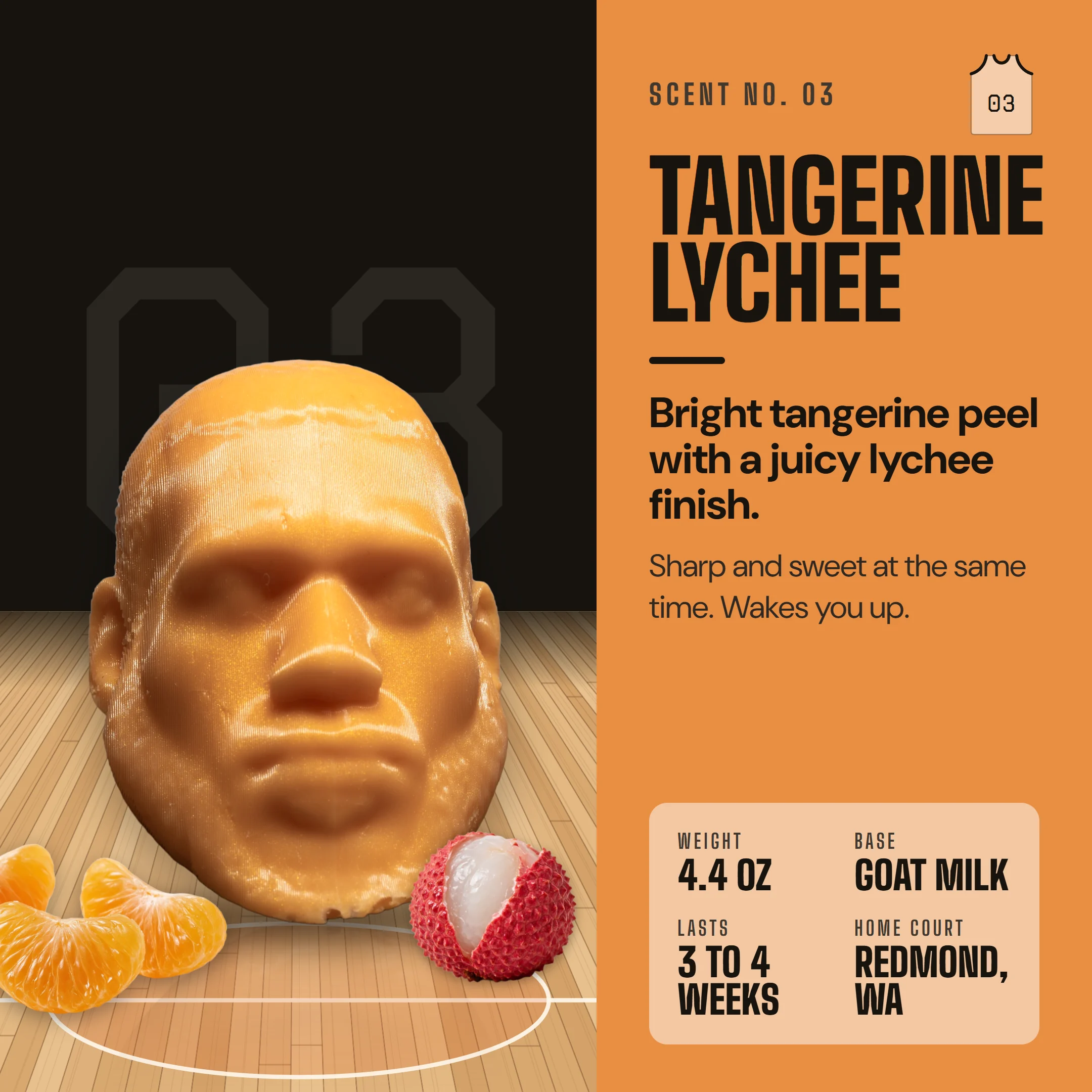 LeSoap Tangerine Lychee, scent number 03: bright tangerine peel with a juicy lychee finish. Sharp and sweet at the same time. 4.4 oz goat milk soap, lasts 3 to 4 weeks, made in Redmond, WA